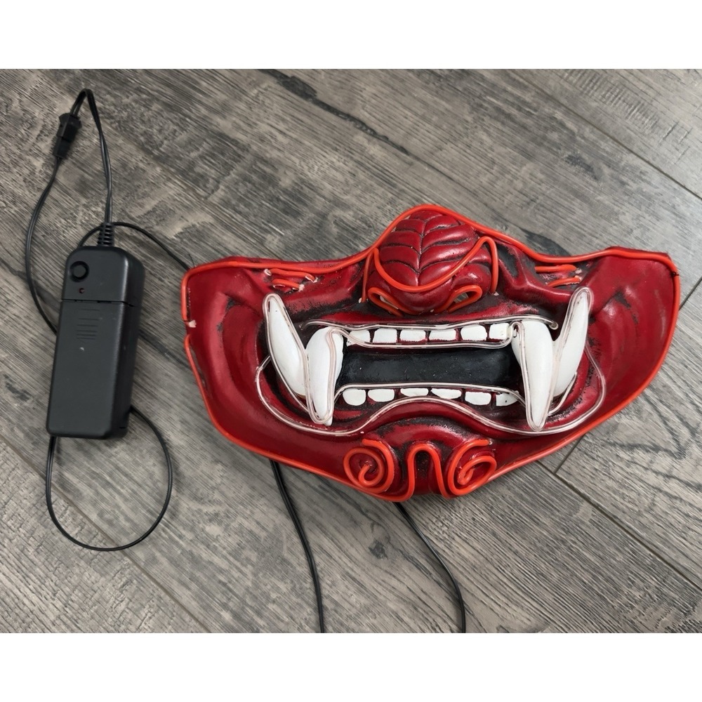 LED Light Up Japanese Oni Samurai Mask Red Hannya Mempo Half‎ Face Cosplay